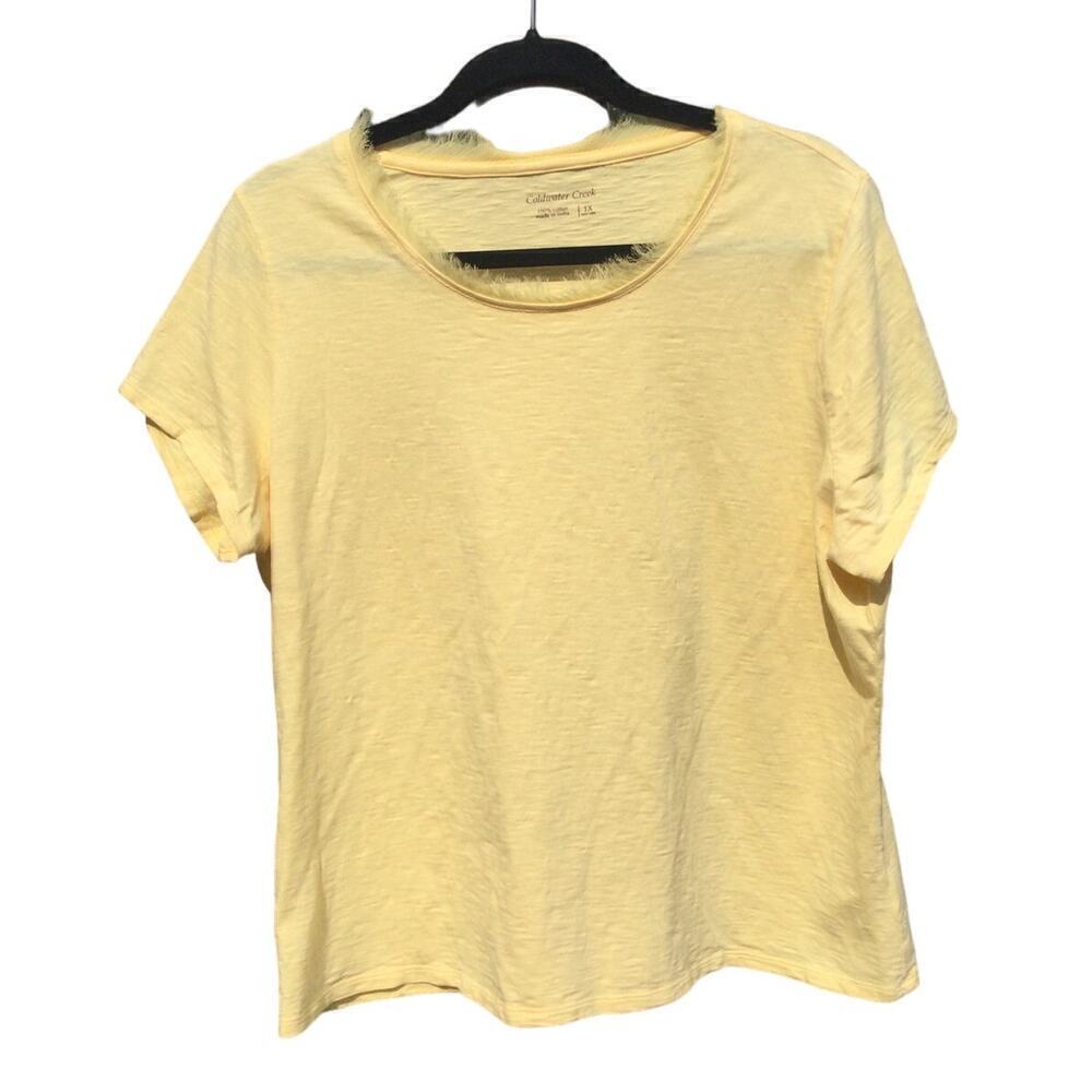 Coldwater Creek womens short sleeve shirt plus size 1X pale yellow fringe cotton